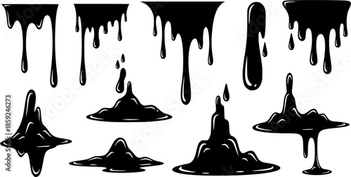 Silhouette dripping paint or black liquid melting, vector illustration set isolated on a white background. Dripping oil, cartoon style design elements collection.