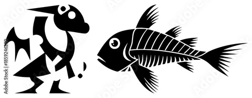stylized bird and fish facing each other