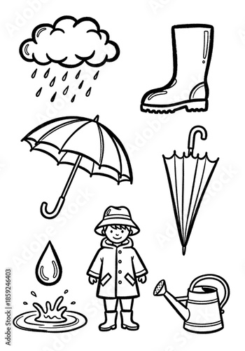 Collection of hand drawn rainy day icons featuring a child in a raincoat, umbrellas, rain cloud, rubber boots, and a watering can in a simple black and white line art style
