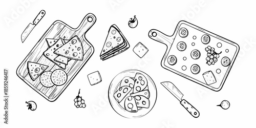 Sketch of cheese crackers grapes and cutting boards in a black and white illustration