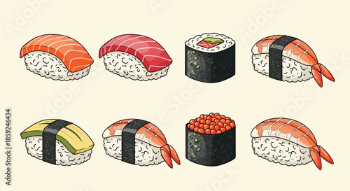 Assortment of various sushi types including nigiri maki and rolls featuring salmon tuna shrimp and fish roe on a light background.