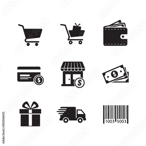 Retail and E-commerce Icon Collection – Store, Truck & Payment Symbols