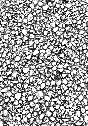 Abstract black and white pebble texture featuring a high contrast gravel pattern, ideal for grunge backgrounds, distressed overlays, and rustic floor surface designs