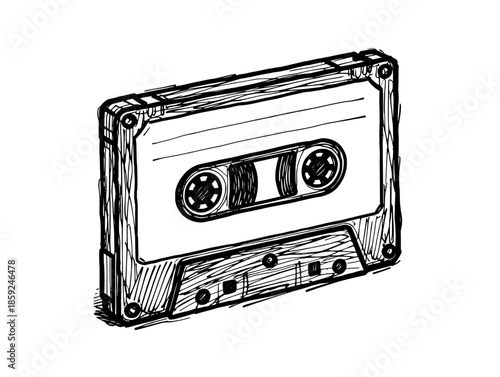 Hand-drawn vintage cassette tape sketch, black and white retro audio tape isolated on white background, nostalgic analog music media icon for creative projects