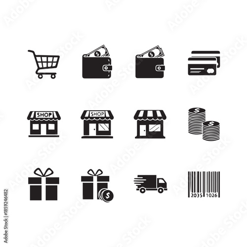 Retail and E-commerce Icon Collection – Store, Truck & Payment Symbols