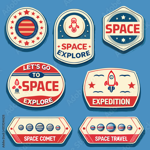 Collection of colorful space themed badges and patches with rockets and stars
