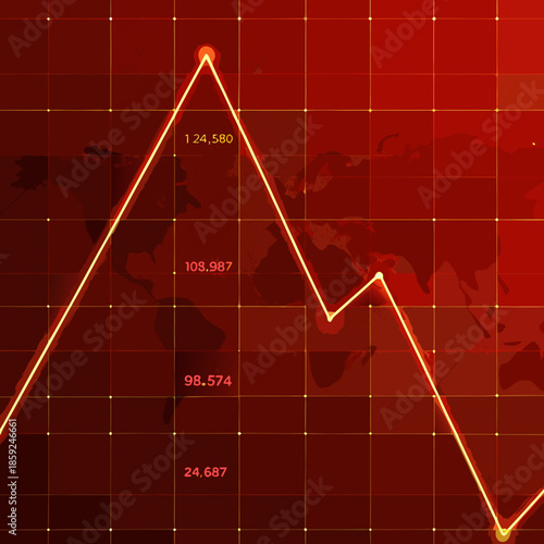 Financial chart with a rising and falling line over a world map background