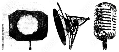 studio lighting satellite dish vintage microphone