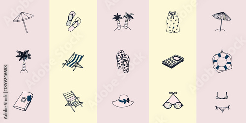 Minimalist summer icons beach essentials and vacation themed sketches displayed
