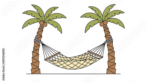 A serene hammock suspended between two palm trees on a tranquil beach