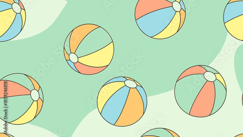 Colorful beach balls floating on a serene green water surface from an aerial viewpoint