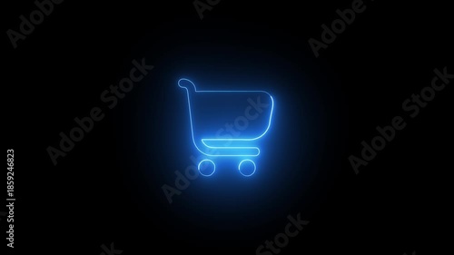 Neon blue shopping cart on black background ecommerce symbol glowing cart outline