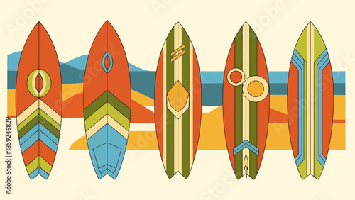 Vibrant surfboards with diverse designs on a sandy beach