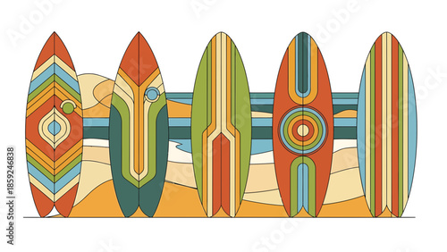 Vibrant surfboards lined up on a sandy beach, showcasing colorful designs and patterns.