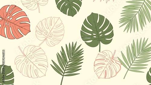 Tropical leaves pattern featuring monstera, palm, and philodendron on a cream background