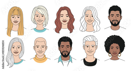 Collection of diverse hand-drawn style portraits featuring different ethnicities and hair types for inclusive character design and representation.