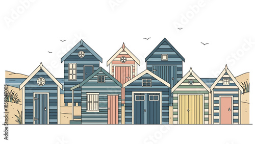 Colorful beach huts with striped patterns and pastel doors in a seaside village, viewed from the front.