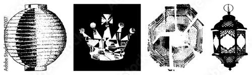 Four stylized lanterns and crown in black and white vector art