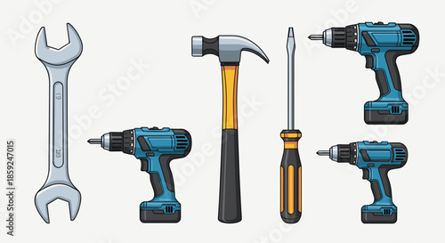 Collection of essential blue and yellow power tools including three cordless drills a heavy hammer a metal wrench and a screwdriver.
