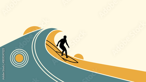 Surfer Riding a Wave from a Side Viewpoint on a Sunny Day