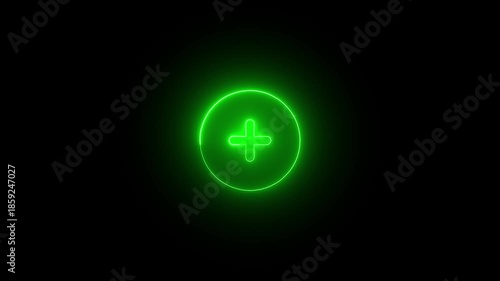 Neon Green Plus Sign in Circle on Black Background Symbolizing Addition Technology and Growth glowing