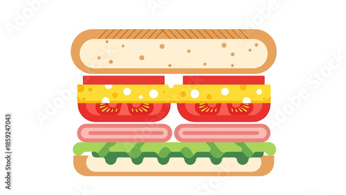 A detailed illustration of a layered sandwich with various fillings viewed from the side