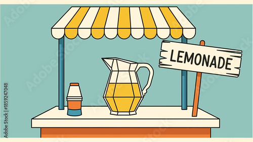 A refreshing lemonade stand with a pitcher and sign on a vibrant street corner