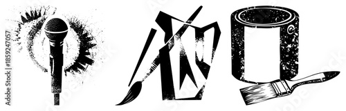 microphone paintbrush paint can graphic set