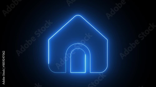 Glowing Blue Neon House with Archway on Dark Background glowing house home symbol