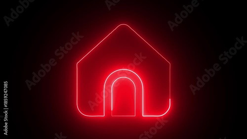 Glowing Red Neon House with Doorway on Black Background glowing house home symbol