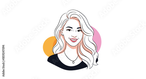 Portrait of a cheerful woman with long blonde hair and a friendly smile on a background with colorful abstract shapes and circles.