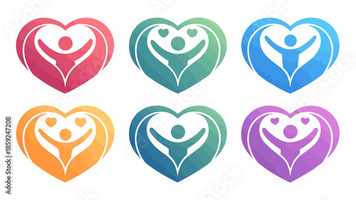 Vibrant heart shaped logos with people icons in different colorful styles