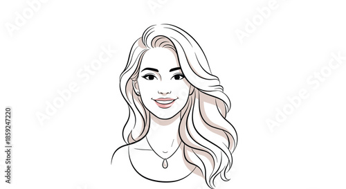 Portrait of a beautiful smiling woman with long flowing blonde hair and a delicate necklace on a clean and simple white background.