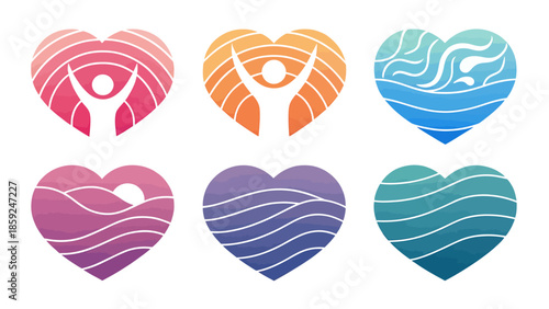 Vibrant heart shaped icons with dynamic white line designs
