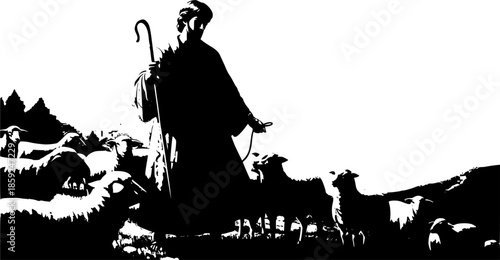 Joseph wearing a coat of many colors tending the sheep biblical concept. Mountain background with copy space.
