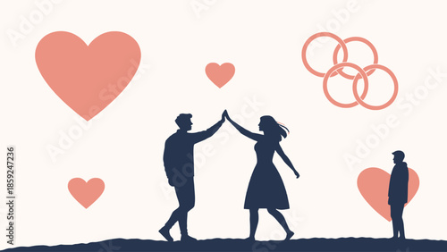 Loving couple celebrating relationship with heart symbols around