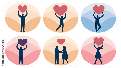 People showing love and care with heart symbols in colorful illustrations