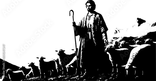 Joseph wearing a coat of many colors tending the sheep biblical concept. Mountain background with copy space.
