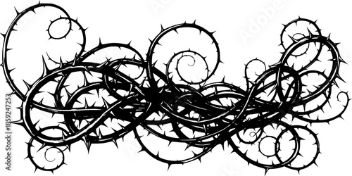 Silver metal rose vines with sharp thorns. Gothic prickly vine elements isolated
