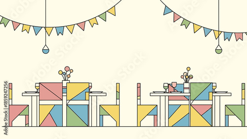 Colorful illustration of festive stalls at a lively market scene from a frontal viewpoint