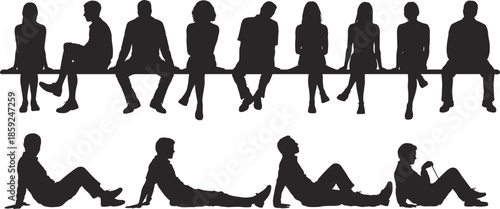 Silhouettes of multiple people sitting and reclining in casual relaxed postures isolated on white background representing human figures, design, and illustration