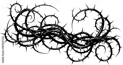 Silver metal rose vines with sharp thorns. Gothic prickly vine elements isolated

