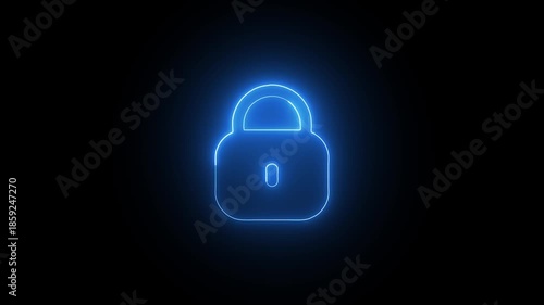 Glowing Blue Lock Neon Light Padlock Security Symbol on Dark Background safety protection sign