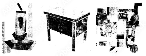 Abstract geometric furniture silhouettes in dot matrix style