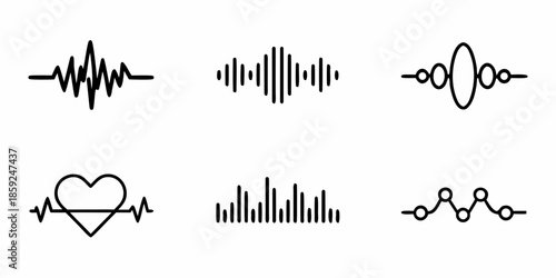 Simple black and white line art featuring heartbeat and sound wave symbols