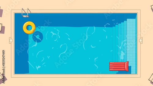 Aerial view of a swimming pool with a lifebuoy and ladder in a serene environment