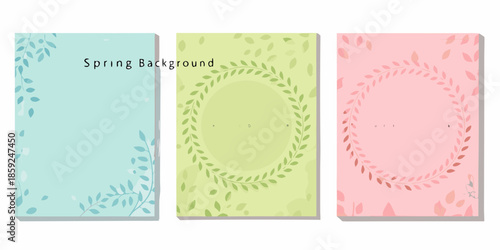 Three pastel colored spring backgrounds with leaf patterns and a wreath