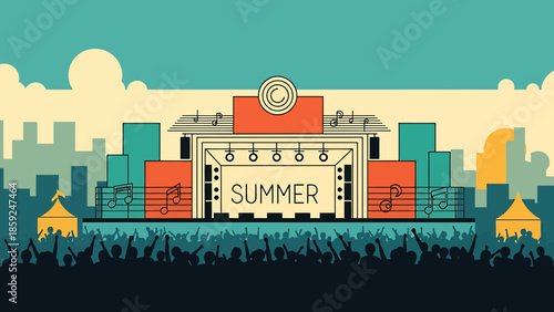 Summer festival scene with crowd and city buildings in the background