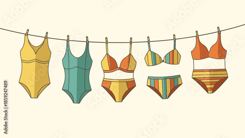 Swimwear hanging on a clothesline, showcasing various styles and colors in a simple, illustrated scene from a straightforward viewpoint.