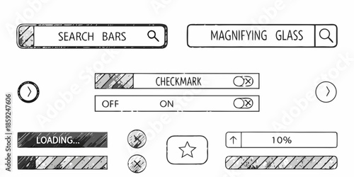 Interface elements search bars checkmarks loading indicators and toggle switches
